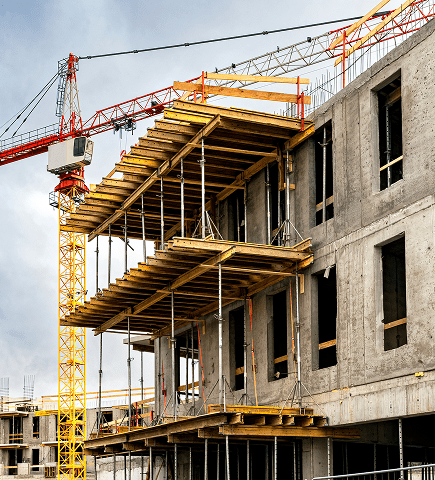 Building under construction with crane nearby.