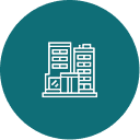 Icon of buildings on teal circle background.