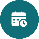 Calendar and clock icon on teal background.