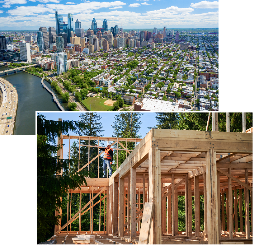 Cityscape and house construction site montage.